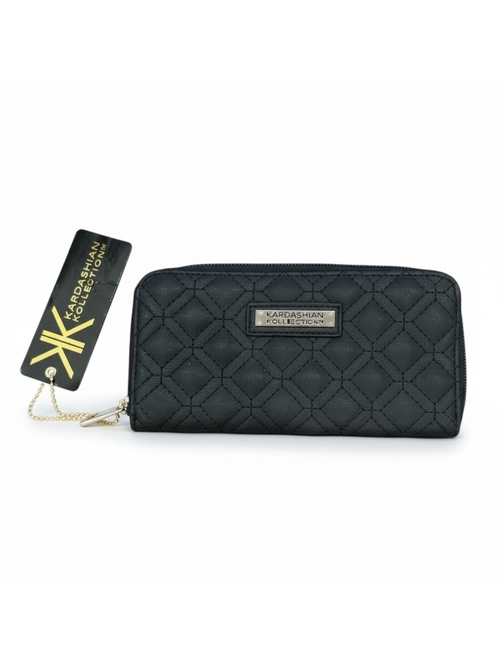 Kardashian Kollection Black Quilted Zip Wallet with Gold Plate